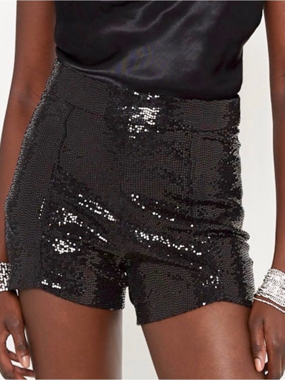 Zara Black Sequin High-Waist Shorts L New